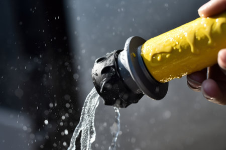 Extreme close-up of the safety shower activation handle being pulled with a dramatic jet of water in the backgroundの素材