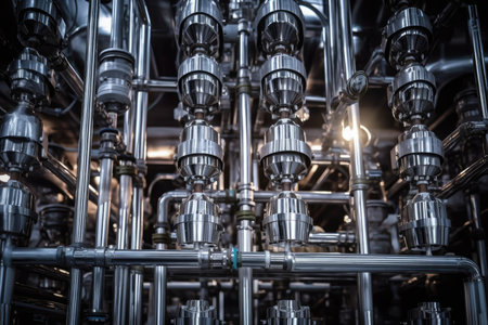 Close-up of the intricate network of tubes and valves in an industrial-scale evaporator, used in chemical and pharmaceutical processingの素材