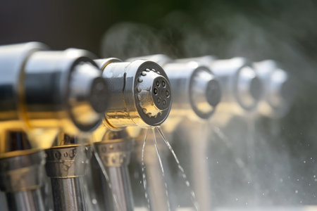 Close-up of safety shower nozzle heads in action, water spraying in different directions with a blur of movementの素材