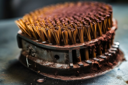 Macro shot of an industrial scrubber head with worn bristles and rusted metal parts, used for cleaning large surfacesの素材