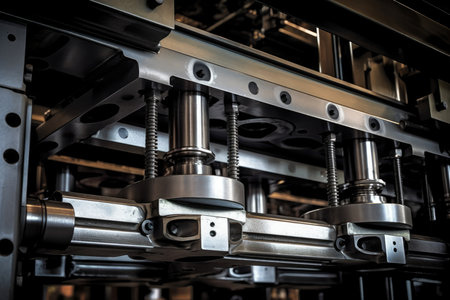 Metallic power: a macro shot of a gantry system, with its sturdy metal frame and impressive hydraulic pistons in the frontの素材