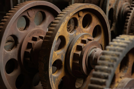 Detailed close-up of rusty pulleys in an abandoned factory with intricate grooves and gearsの素材