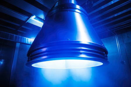 Modern fume extractor with sleek design and glowing blue light, capturing toxic smoke in a chemical plantの素材