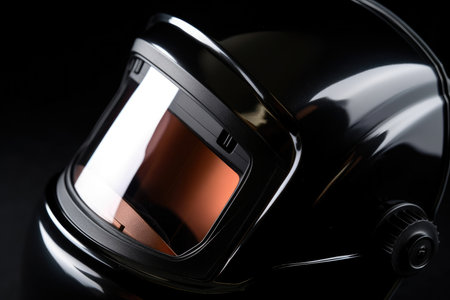Extreme close-up of a high-quality welding helmet with an auto-darkening lens and adjustable headgear for optimal visibility and comfortの素材