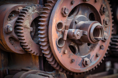 Macro shot of a rusty Separator's gear with intricate details and textures resembling a steampunk gadgetの素材