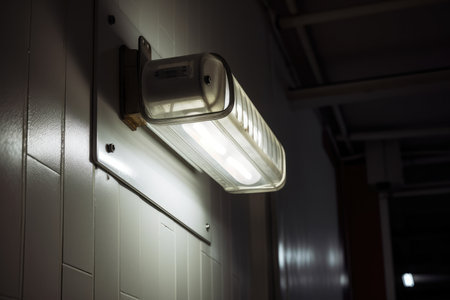 Macro shot of a wall-mounted emergency light fixture with two bright white lights illuminating a dimly lit factory floorの素材
