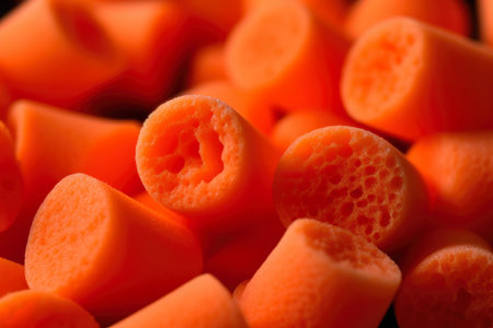 Extreme close-up of bright orange earplugs filling the frame, with intricate details of the foam material and its compressibilityの素材