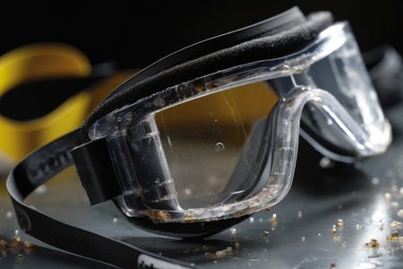 Extreme close-up of safety goggles with adjustable straps and impact-resistant lenses, highlighting eye protection in industrial settingsの素材