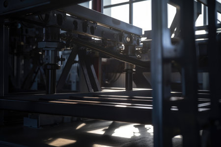 Light and shadows of manufacturing: a macro shot of a gantry system, with its complex architecture casting intriguing shadows on the production floorの素材