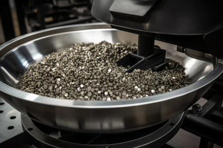 Close-up of a vibratory feeder bowl filled with small metallic components ready for sorting and processingの素材