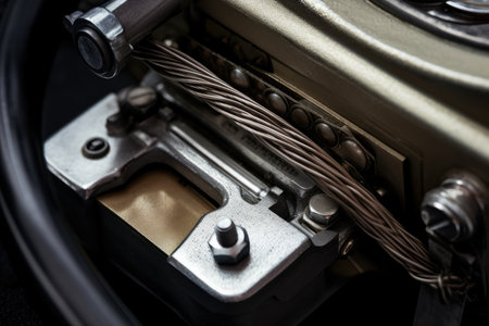 Close-up of a clutch pedal and cable, highlighting the precision and accuracy of the mechanism in controlling power and speedの素材