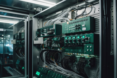 The heartbeat of production: a macro shot of a gantry system, with its intricate wiring and control panels displayed in sharp detailの素材