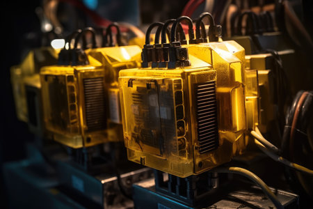 Macro shot of industrial transformers humming with electric current and emitting a warm, yellow glowの素材