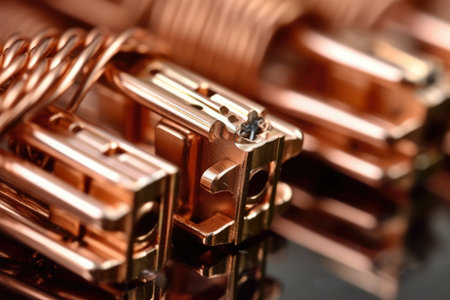 Extreme Close-up of Shiny Copper Electrical Terminals with Intertwining Wires in the Backgroundの素材