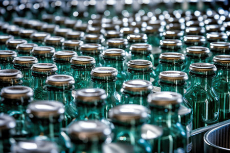 A macro shot of a piece of industrial bottling machinery transporting empty bottles to the filling station creates an intriguing abstract patternの素材