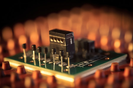 A high frequency rectifier's Schottky diode is shown up close on a black circuit board.の素材