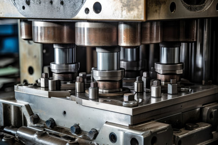 a close-up of a hydraulic press being used to create auto parts, showing how metal components are forming under strong pressure.の素材