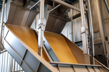 A close-up of a bucket elevator in motion carrying grains and seeds in steel bucketsの素材