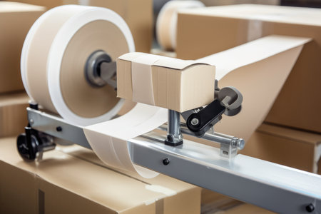 An up-close view of the tape dispenser on a machine that seals boxes for shipping and delivery quickly and effectively.の素材