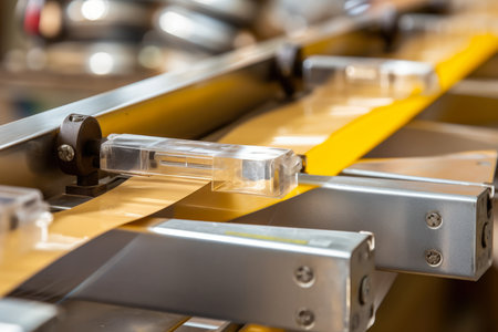 Extremely close-up of packaging tape being expertly cut by a carton sealing machine's blades to produce flawless sealsの素材