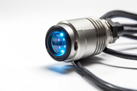 extreme close-up of the sensor head of a leak detector with a blue LED light against a white backgroundの素材