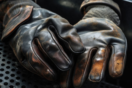 Extremely close-up of industrial gloves with grease and oil stains, demonstrating their extensive use in mechanical workの素材