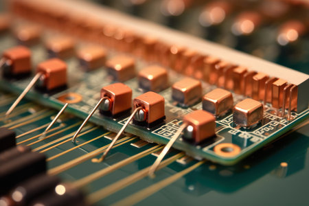 Precision Engineering: Close-Up View of High-Resolution Soldered Resistors on PCB, Showcasing Intricate Connections and Advanced Circuitryの素材