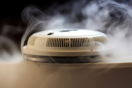 Extremely close-up of a smoke detector's sensor with smoke in the backgroundの素材