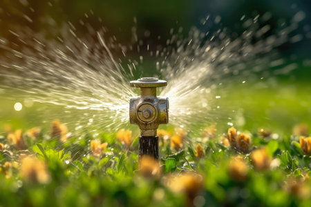 An up-close photograph of a metal sprinkler nozzle spraying water on a lush lawn is accompanied by a blurry background of bushes and flowersの素材