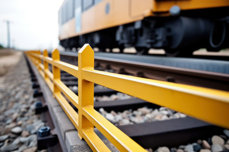 Industrial Safety: Close-up Macro of Train Track Barrier with Train in Backgroundの素材