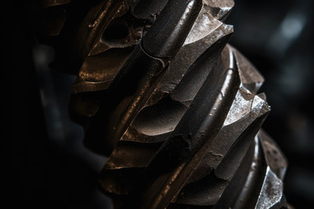 Industrial Macro: Exploring the Mighty Power of a Massive Drill Bit with Sharp Edges, Spiral Grooves, and Gritty Backgroundの素材