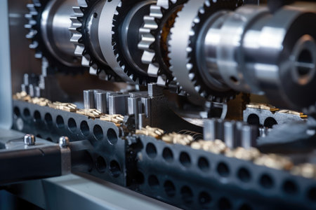 Mechanical Mastery in Motion: A Close-Up Macro View of a Precision Gantry System, Unveiling the Power of Automated Industrial Machineryの素材