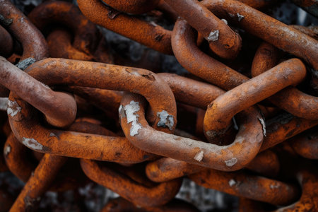 Interwoven Strength: A Macro Exploration of Rusted Chains Forming an Abstract Industrial Patternの素材