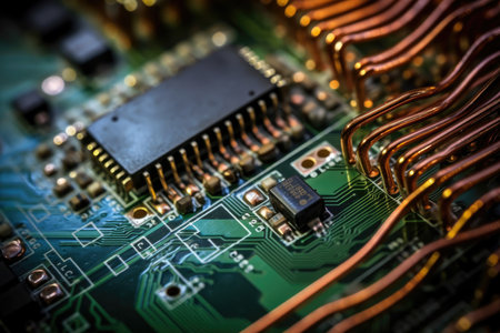 Captivating Macro View: Futuristic Metallic Wires Unveiling the Intricacies of a Cutting-Edge Circuit Boardの素材