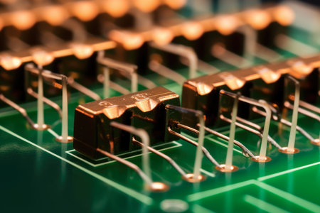 Captivating Macro View: Diode Bridge Rectifier Unveiled on Vibrant Green Circuit Board with Intricate Copper Tracesの素材
