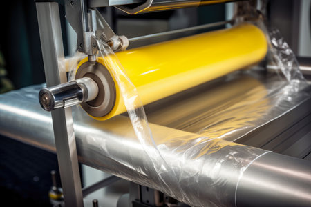 Capturing the Intricate Mechanism: A Close-Up of a Stretch Wrapping Machine's Cling Film Dispenser in Industrial Packagingの素材