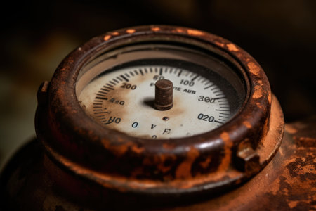 Vintage Industrial Charm: Captivating Macro View of an Aged Pressure Gauge in a Rustic Environmentの素材
