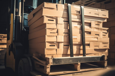 Picture of a Close-Up of a Forklift's Forks Carrying a Stack of Boxes.の素材