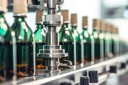 A beverage factory's capping machine in close-up with a blurry, industrial background placing caps on glass bottles is seenの素材