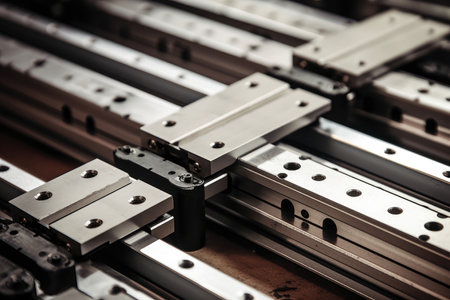 Exquisite Macro Capture Showcasing the Unyielding Precision and Resilience of Industrial Linear Guides in a Factory Environmentの素材