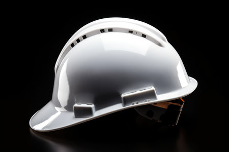 Enhancing Safety in Hazardous Work Environments: A Close-up of a White Hard Hat Emphasizing High Visibility and Reliable Protectionの素材