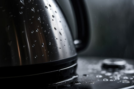 Captivating Macro View: Effortlessly Modern Electric Kettle Showcasing Water Droplets on its Sleek, Glossy Surfaceの素材