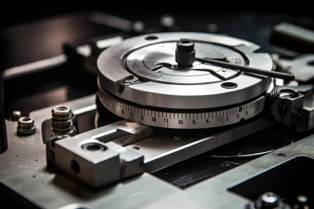 Precision Engineering: Close-Up Macro Shot of a CNC Rotary Table with Measuring Tools in an Industrial Manufacturing Settingの素材