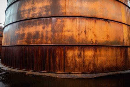 A close-up of a sizable storage tank in an industrial setting, with an emphasis on the contrast between the shiny metal surfaces and the rusted, rough areasの素材