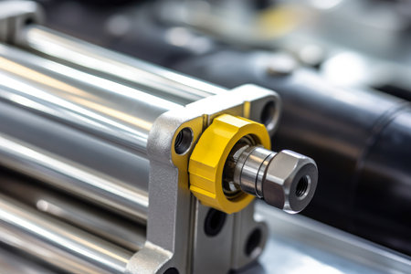 A mesmerizing portrayal capturing the dynamic essence of a pneumatic cylinder in full motion, exerting immense power and unwavering accuracy while compressing air.の素材