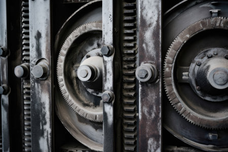 Intense close-up reveals the robust and resilient essence of Industrial Dampers, accentuating their gritty texture and unwavering strength.の素材