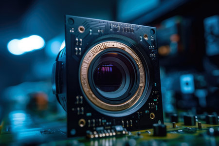 Innovative factory technology showcased through a mesmerizing macro lens capturing the intricate details of circuitry with machine vision camera.の素材