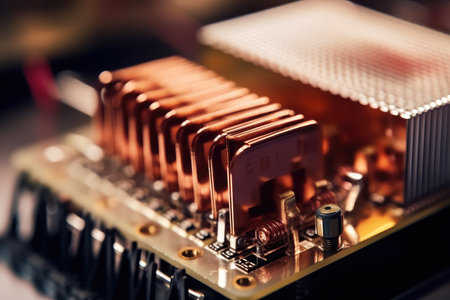 An intimate view of a cooling system showing a heat sink adorned with meticulously arranged diodes and resistors, diligently working to dissipate heat.の素材