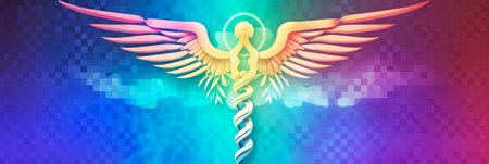 simplified panorama depicting a stylized caduceus symbol made from digital pixels, against a vibrant gradient backgroundの素材