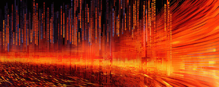 Wide, panoramic representation of a flowing binary code stream in a vibrant, neon tangerine hueの素材